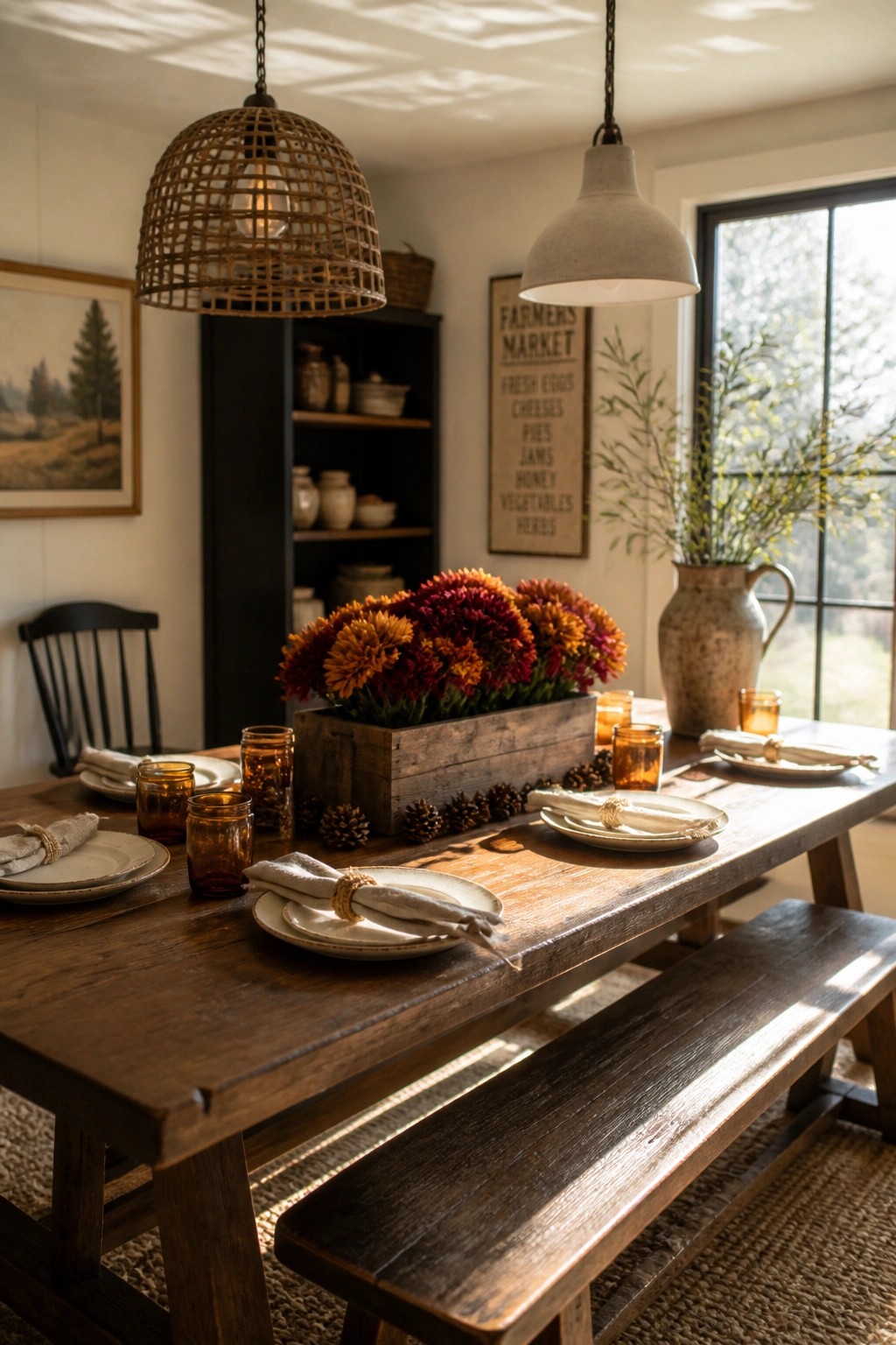 Rustic wooden dining table with autumn flowers, pinecones, and warm amber glassware.