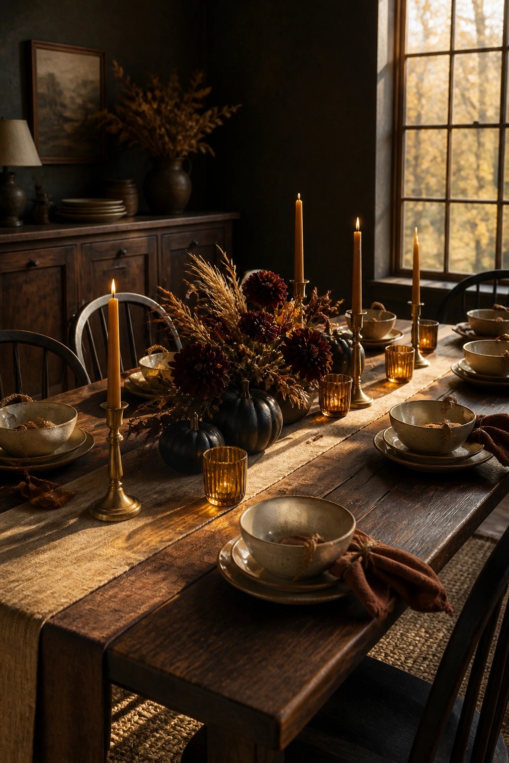 Rustic wooden table with lit candles, black pumpkins, and autumn floral centerpiece