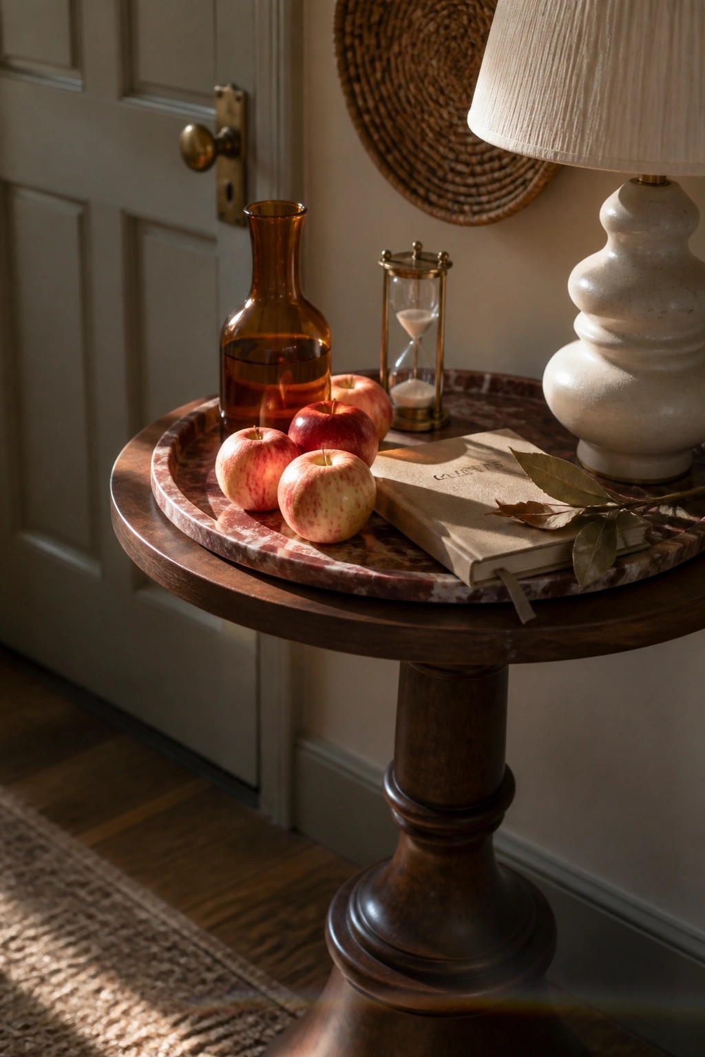 A round wooden side table topped with marble holds several red apples, an amber glass bottle, a book, an hourglass, and a ceramic lamp.