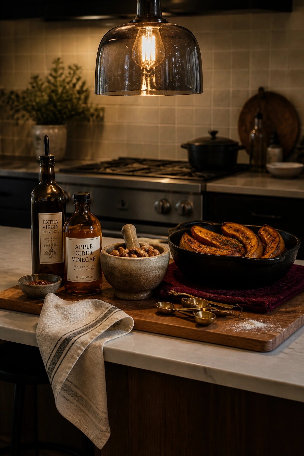 A kitchen counter with a cast iron skillet of roasted squash on a burgundy cloth, amber bottles of oil and vinegar, a wooden cutting board, and a stone mortar and pestle under a glass pendant light.