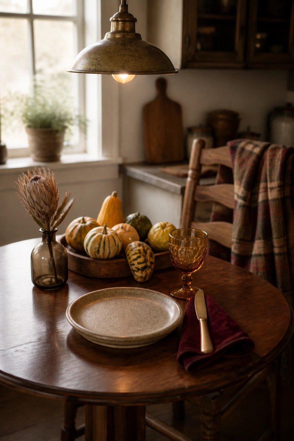 A round wooden table set with a speckled ceramic plate, amber glass goblet, knife on burgundy cloth, wooden tray of gourds, and dried flower in a bottle under a pendant light.