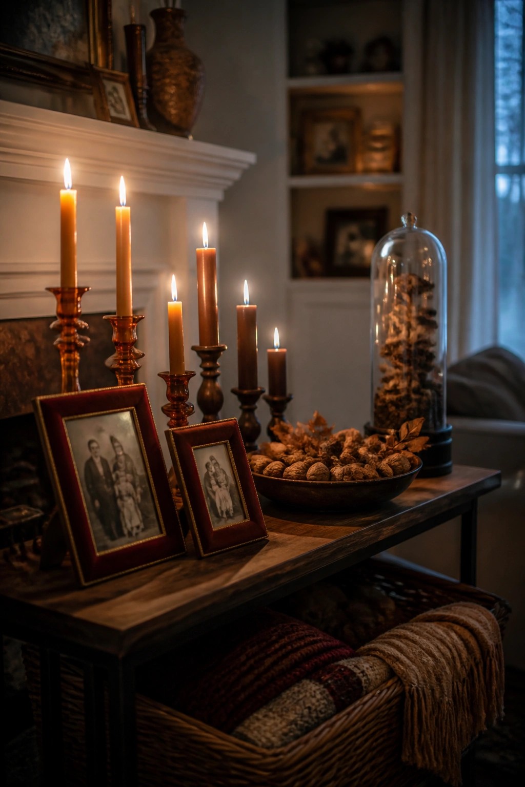Lit candles, vintage photos, walnuts on wooden table above woven basket of blankets