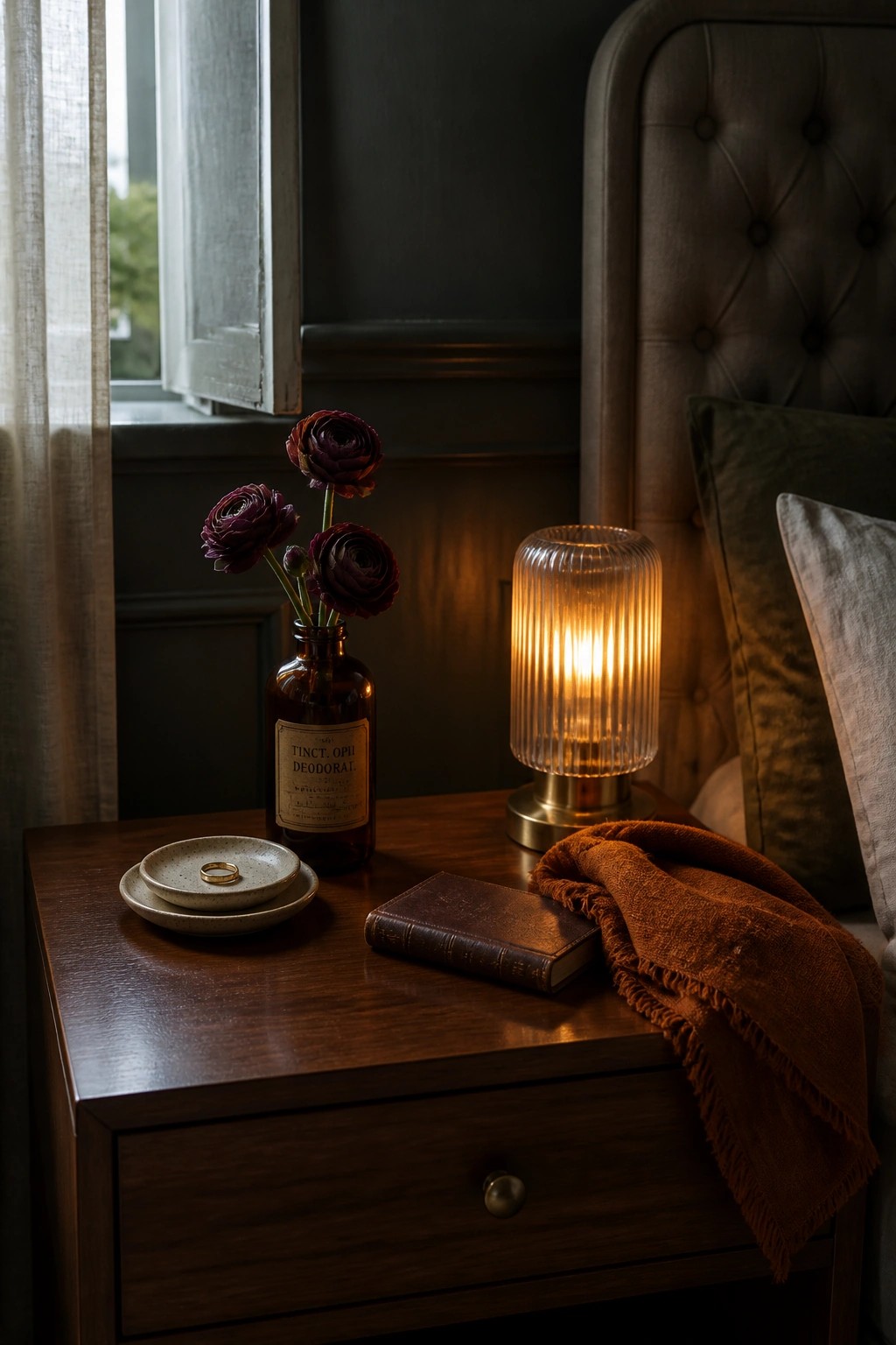 A dark wood nightstand with a glowing ribbed glass lamp, a brown apothecary bottle holding burgundy flowers, a small open book, a folded rust cloth, and a ceramic dish with a ring.