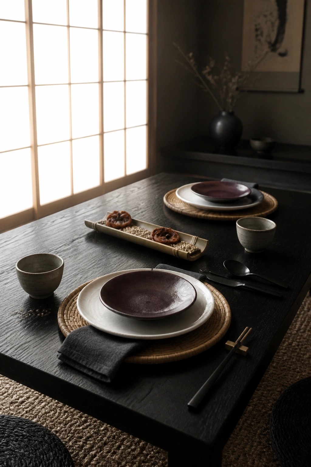 Minimalist Japanese table setting with purple bowls, woven mats, and chopsticks on dark wood.