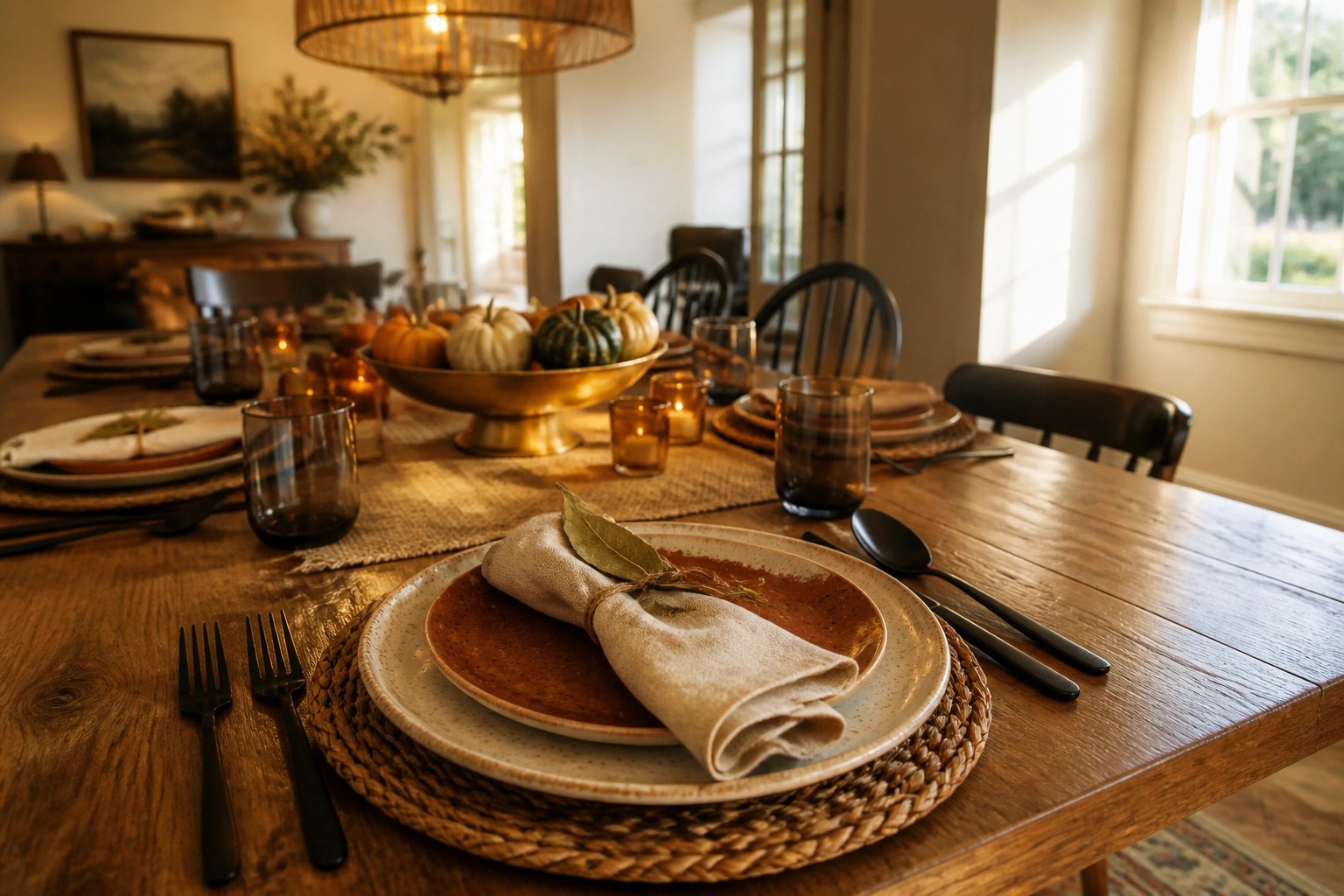 A close-up of a fall place setting on a wooden dining table with layered plates, a folded linen napkin tied with twine and a leaf, black cutlery, a woven placemat, and lit candles in the background.