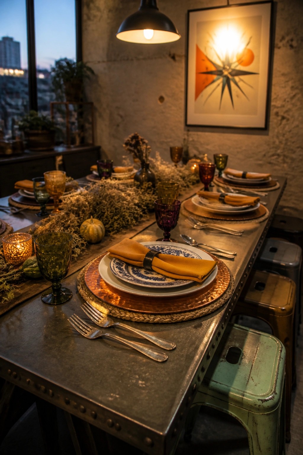 Elegantly set rustic table with blue patterned plates, orange napkins, and colorful glassware.