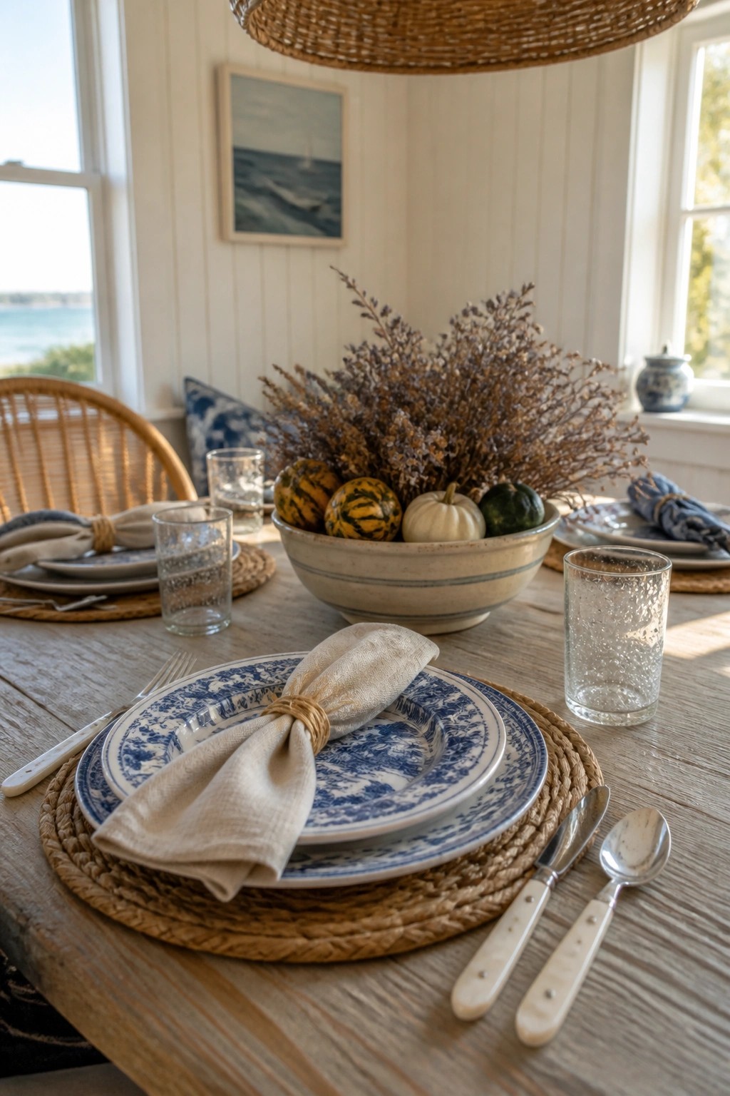 A close-up of a wooden dining table place setting with layered blue and white patterned plates, a beige napkin tied with twine, and cutlery on a woven placemat.