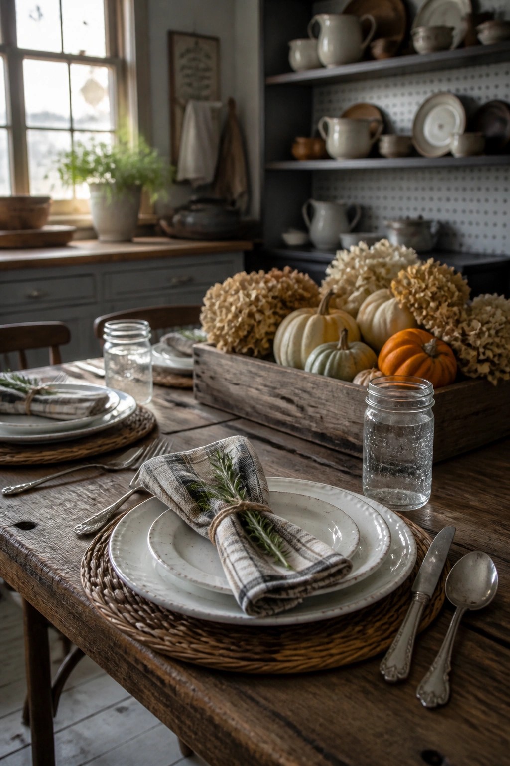 A wooden dining table set with stacked white plates on woven placemats, folded checkered napkins tied with twine and rosemary, silverware, and a wooden crate of pumpkins and dried flowers in the background.