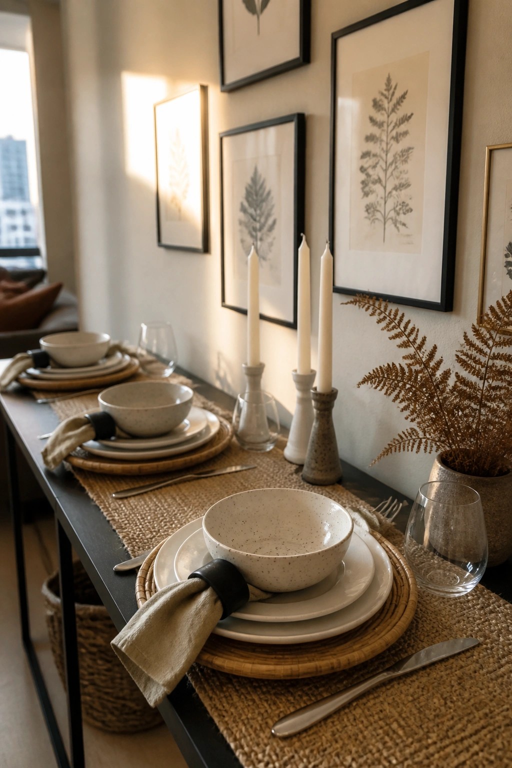 A long indoor dining table set with layered white plates, speckled bowls, beige napkins in black rings, woven placemats, burlap runners, and white taper candles in ceramic holders.