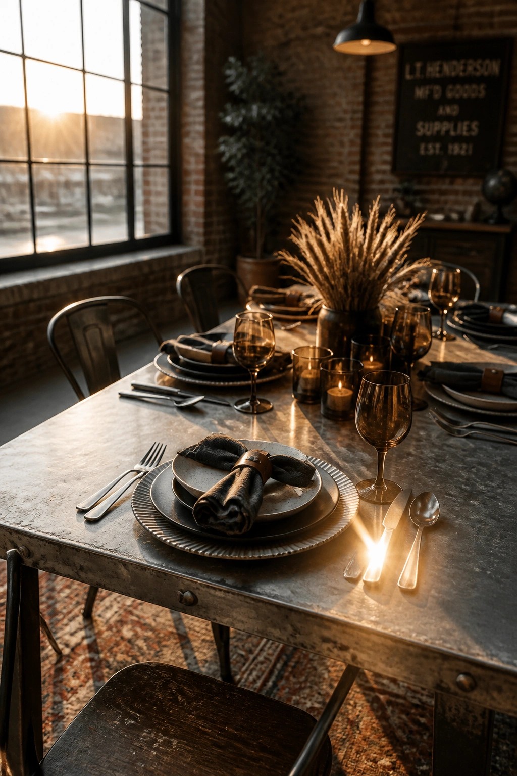 A close view of a metal dining table set with layered plates, folded dark napkins held by brown bands, and amber glassware.