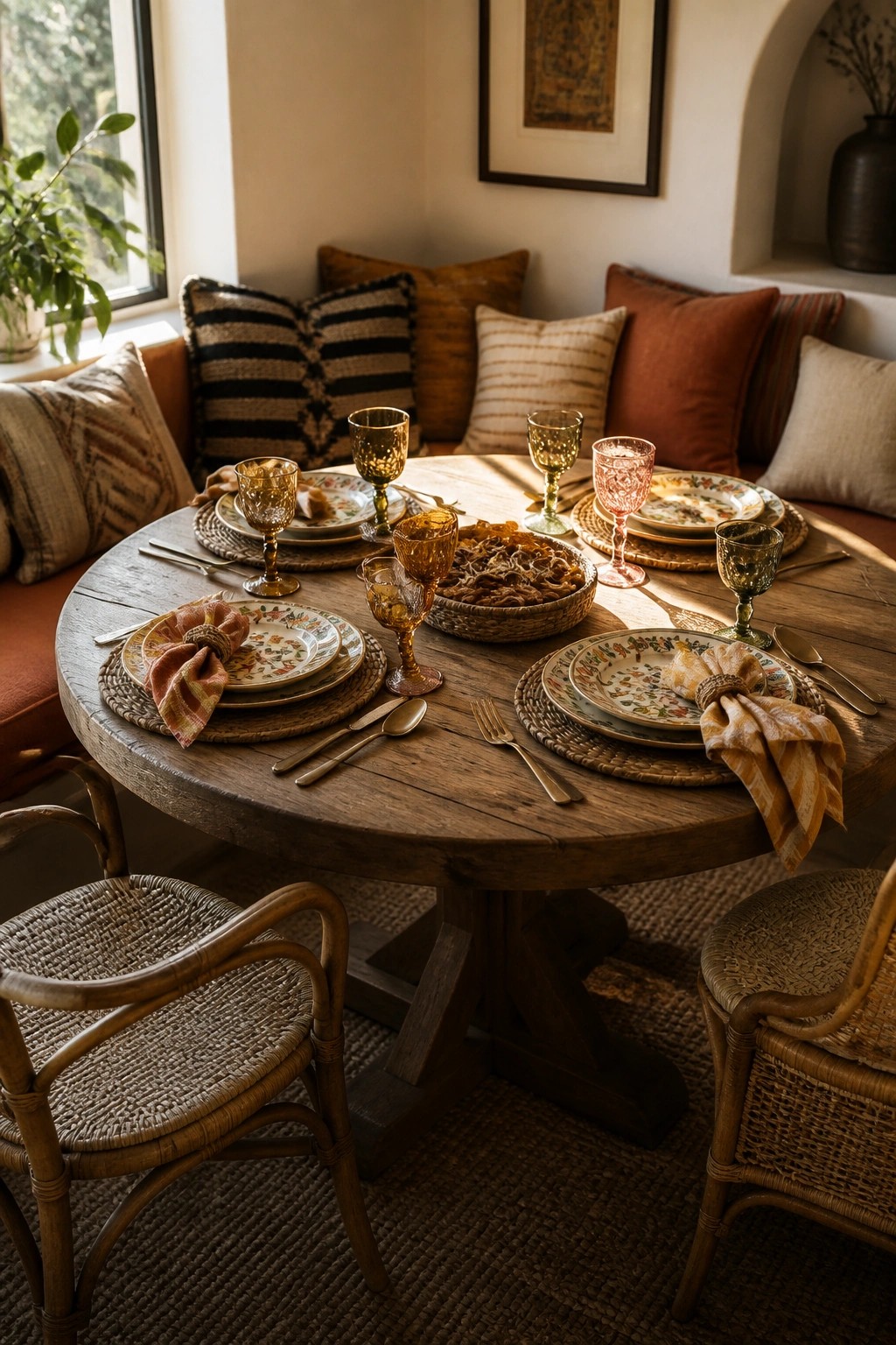 A round wooden dining table set with layered floral plates on woven placemats, tied patterned napkins, and multicolored glass goblets, surrounded by woven chairs and cushions.