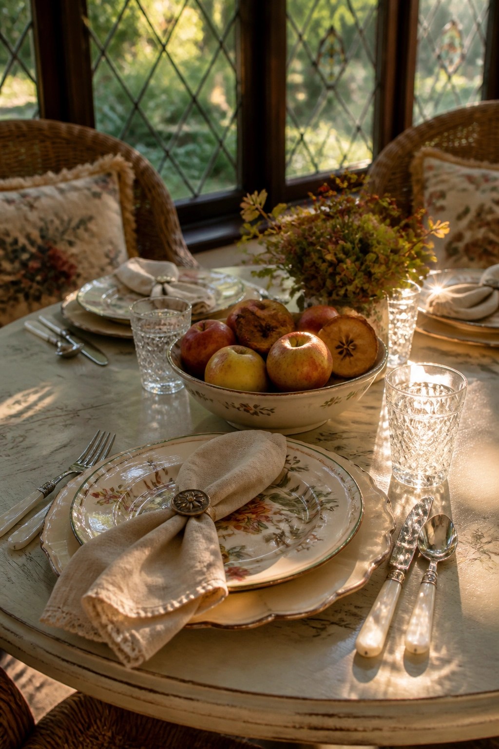 A round dining table set with layered floral plates, folded beige napkins, silverware, crystal glasses, and a central ceramic bowl filled with red and yellow apples.