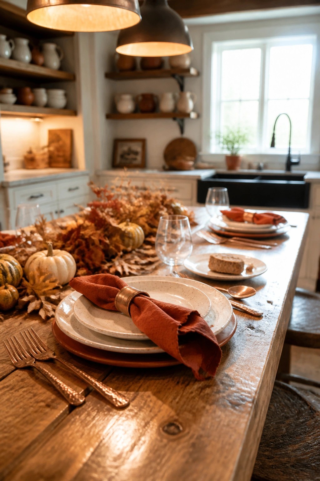A wooden dining table set for fall with layered white and terracotta plates, folded rust napkins in metal rings, copper flatware, wine glasses, and a centerpiece of small pumpkins and dried leaves.