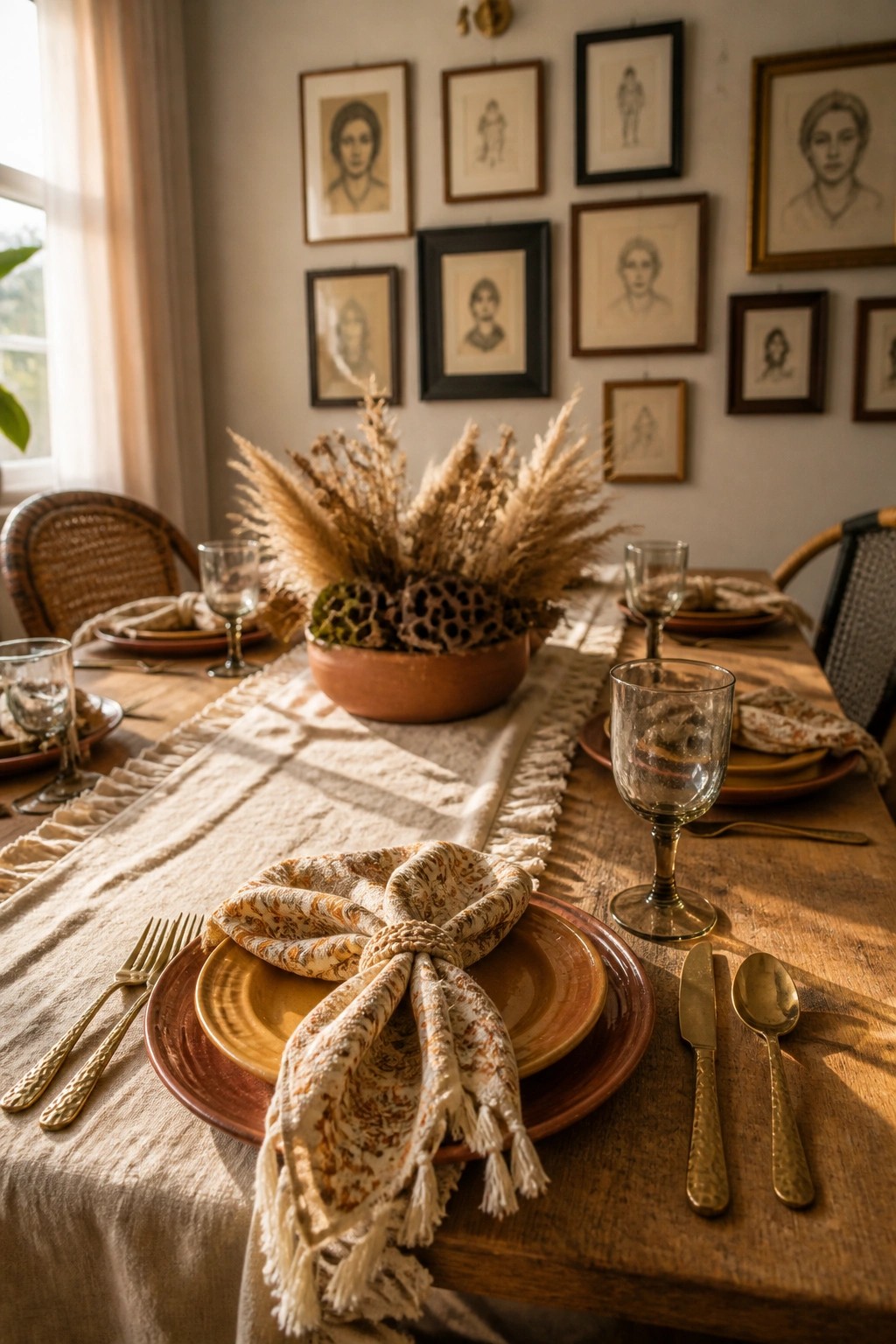 A wooden dining table set for a meal with layered plates, knotted patterned napkins, gold flatware, wine glasses, and a dried grass centerpiece in a clay bowl.