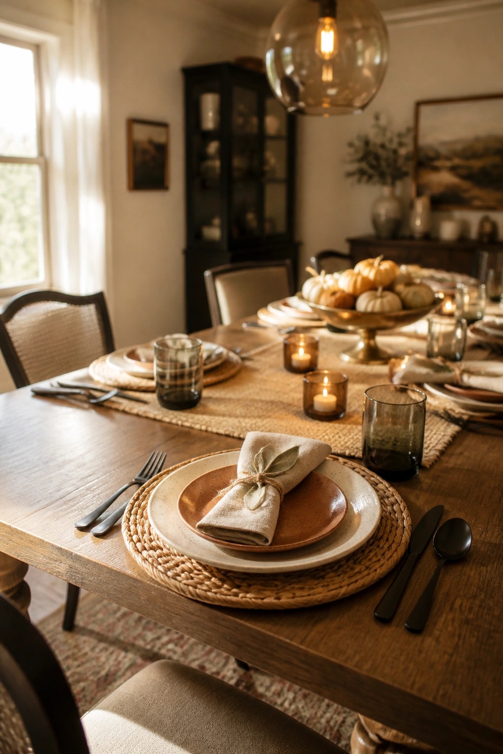 A close-up of a fall place setting on a wooden dining table with layered plates, a folded linen napkin tied with twine and a leaf, black cutlery, a woven placemat, and lit candles in the background.