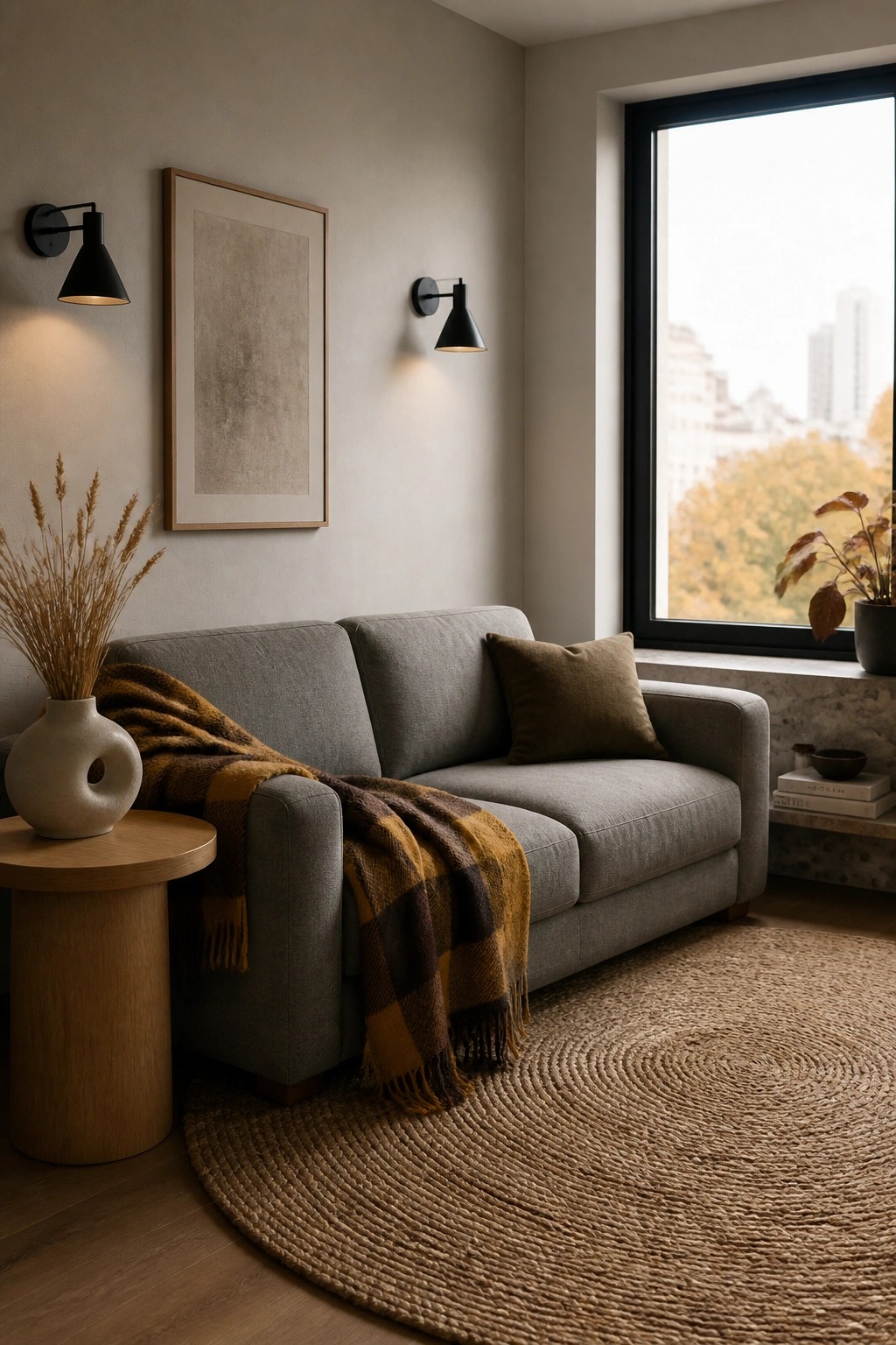 A gray sofa with a brown and mustard plaid throw draped over one side sits on a round woven rug in a neutral living room with two black wall sconces and a large window.