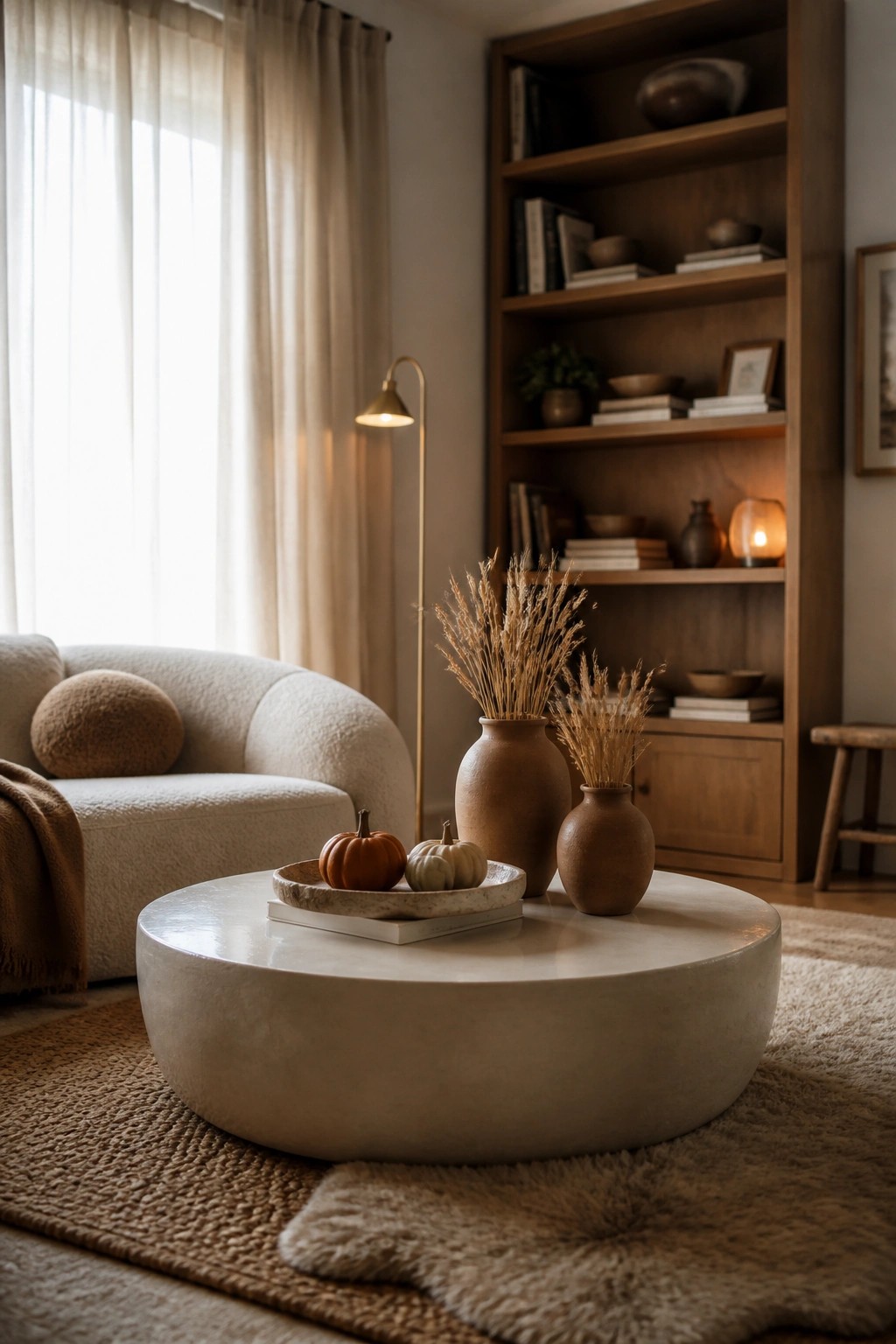 A living room with a round concrete coffee table holding two terracotta vases filled with dried grasses and a tray of small pumpkins, placed in front of a white sofa beside a wooden bookshelf.
