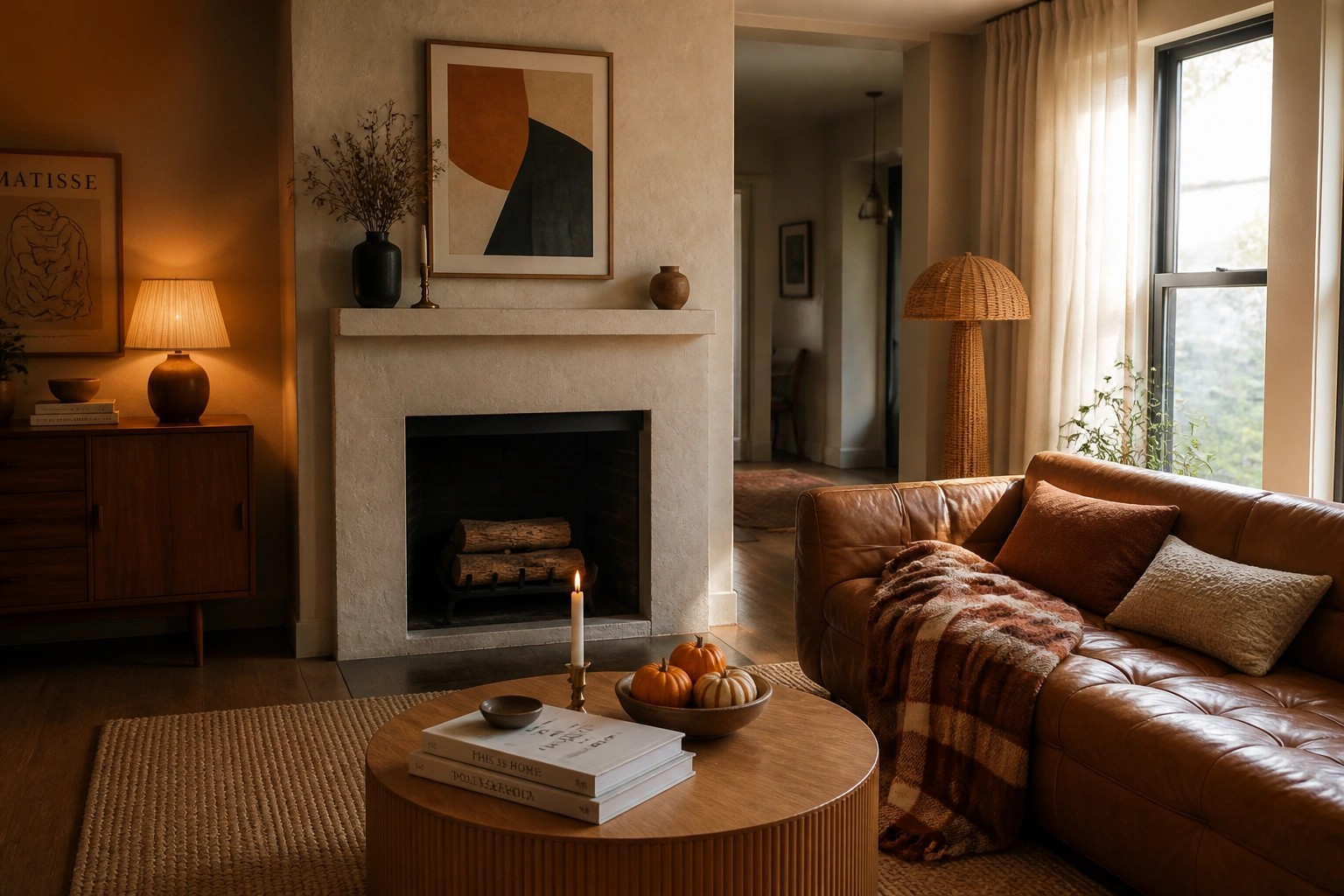 A living room with a brown leather sofa covered by a plaid throw, a round wood coffee table holding books and small pumpkins, and a fireplace with framed art above the mantel.