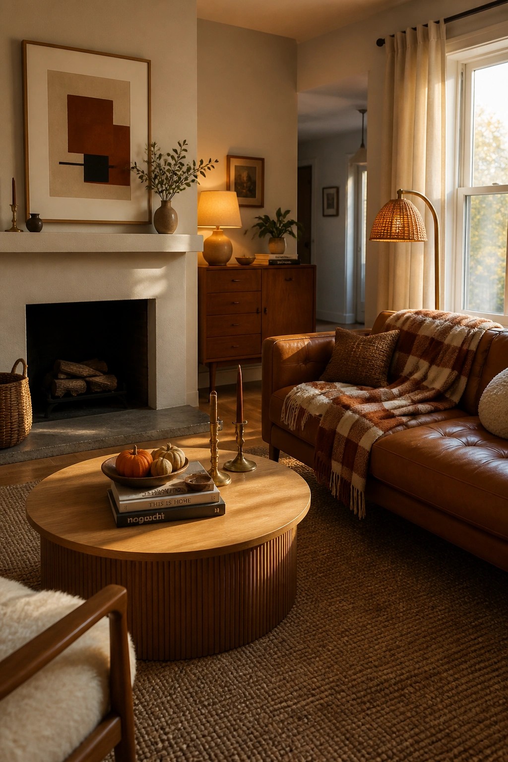 A living room with a brown leather sofa covered by a plaid throw, a round wood coffee table holding books and small pumpkins, and a fireplace with framed art above the mantel.