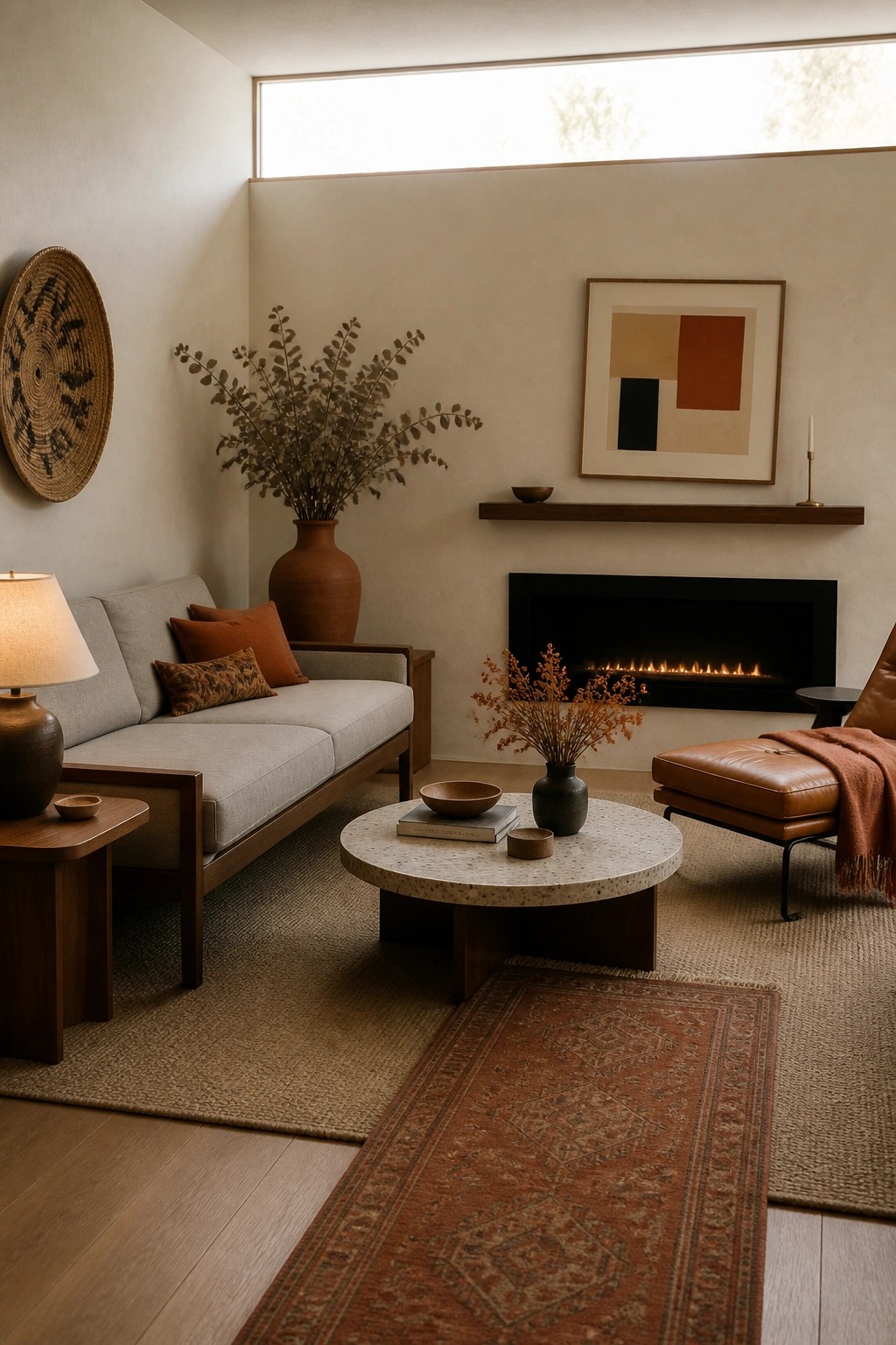 A living room featuring a black fireplace, gray sofa with orange pillows, round stone coffee table, and two layered rugs with a red patterned rug over a large beige jute rug.