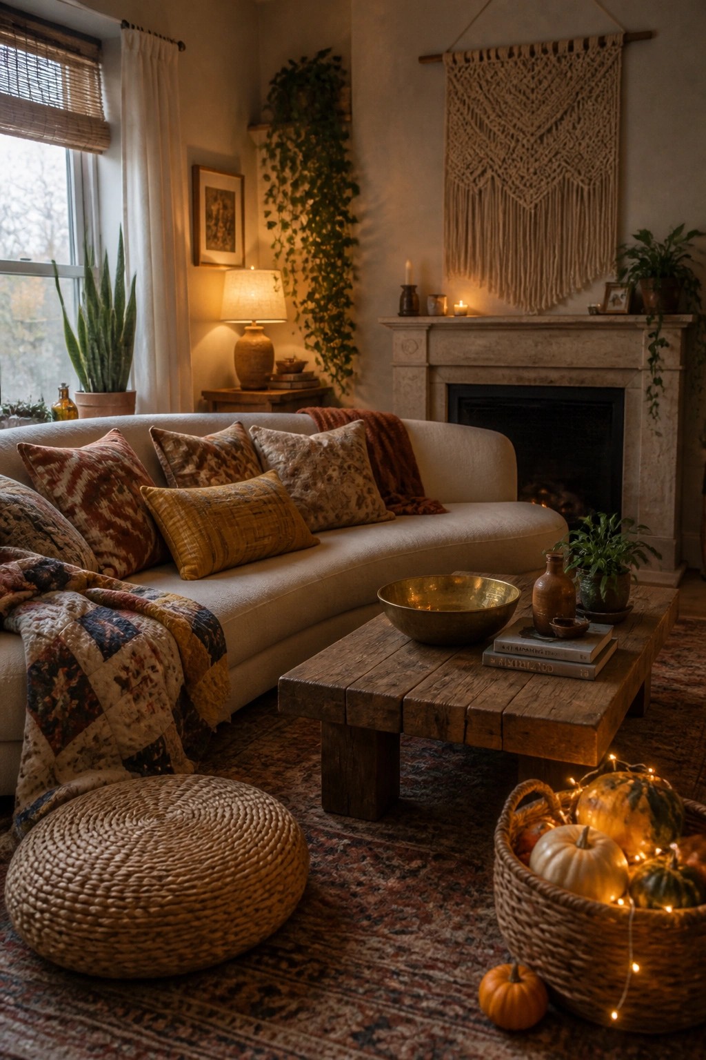 Cozy living room with curved sofa, wooden coffee table, fireplace, and autumn pumpkins.