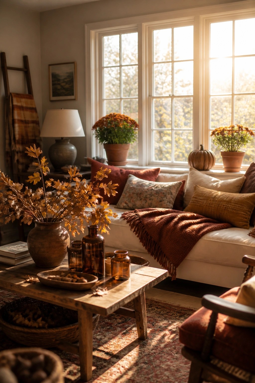 A living room featuring a white sofa with rust and mustard pillows and a fringed throw, a wooden coffee table with dried leaves in a clay vase, and large windows showing potted mums and a small pumpkin on the sill.