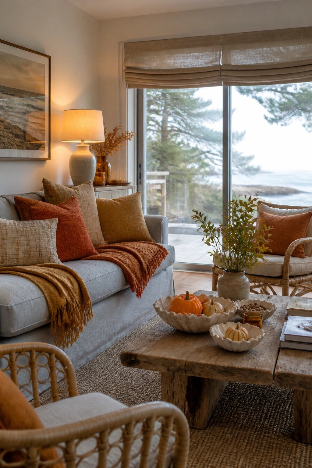 Cozy living room with light sofa, orange pillows, pumpkins on wooden table, and ocean view.