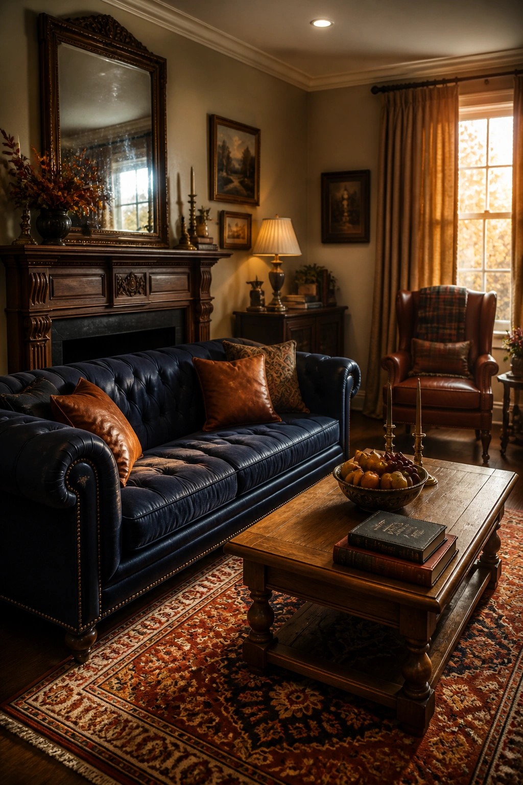A living room with a blue tufted leather sofa, wooden coffee table holding books and a fruit bowl, and a patterned rug in front of a fireplace mantel.
