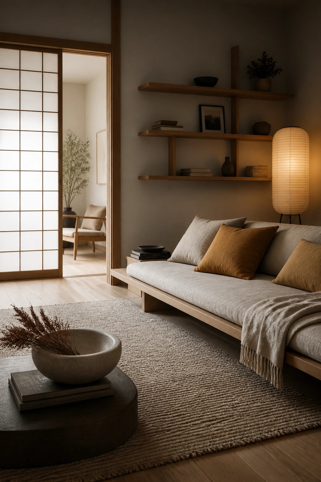 A minimalist living room with a low wooden sofa topped with beige and mustard pillows, a woven throw, floating wood shelves, a paper lantern, and a shoji screen doorway.