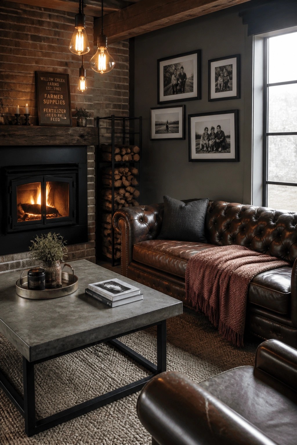 A living room with a brown leather sofa draped in a rust-colored throw blanket, positioned near a lit fireplace with a concrete coffee table in front.