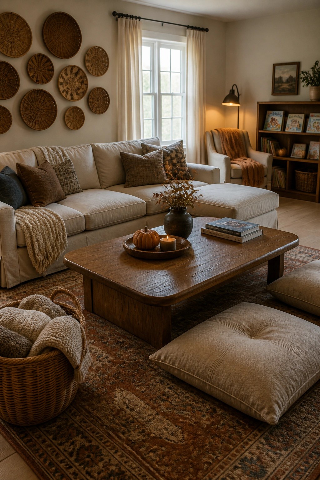 A living room featuring a beige sectional sofa, wooden coffee table with fall accents, and multiple woven baskets arranged on the wall above the sofa.