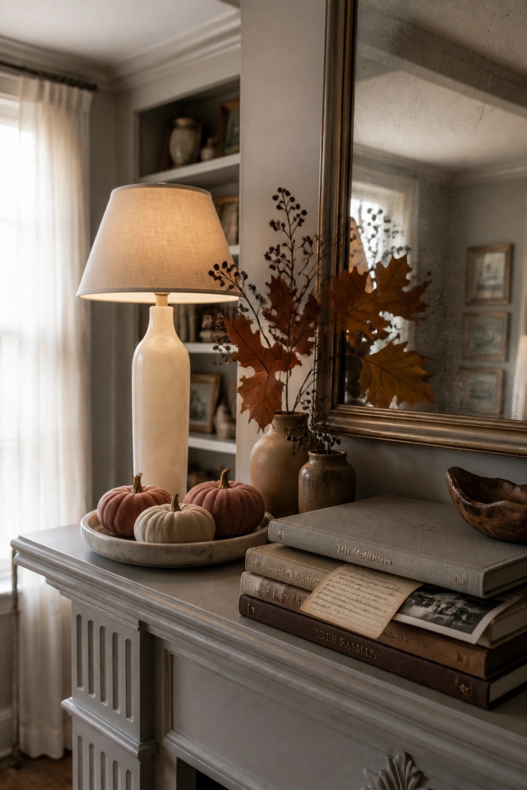 A gray mantel holds a white lamp, a marble tray with small pumpkins, stacked old books, and ceramic vases filled with dried brown leaves beside a large mirror.