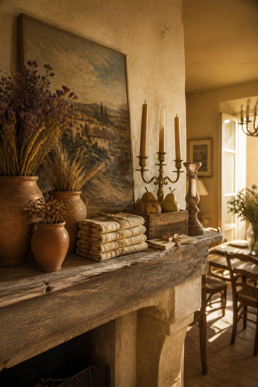A wooden mantel decorated with terracotta pots holding dried flowers, brass candlesticks, a crate of pears, folded linens, and a landscape painting above it.