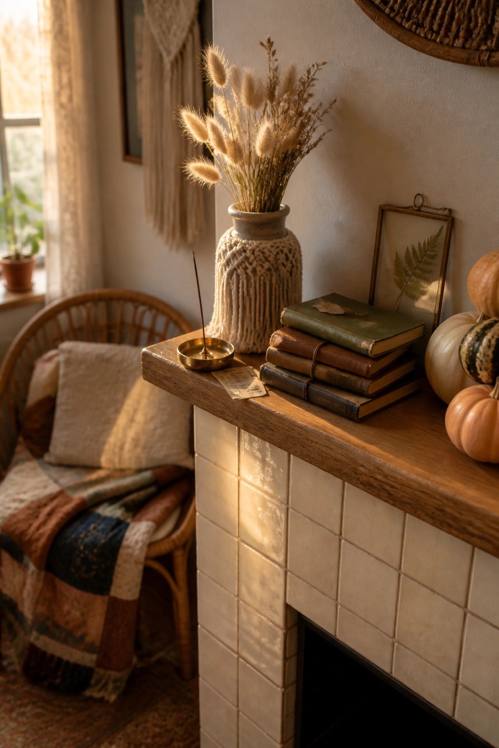 Cozy tiled fireplace mantel with dried grasses vase, stacked books, pumpkins, and framed fern.