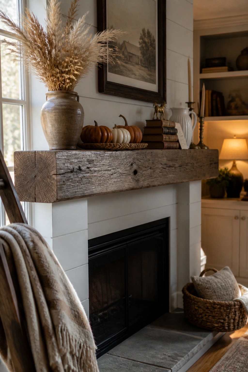 A white fireplace mantel made of weathered wood holds a clay vase with dried grasses, a tray of small pumpkins, and a stack of old books.