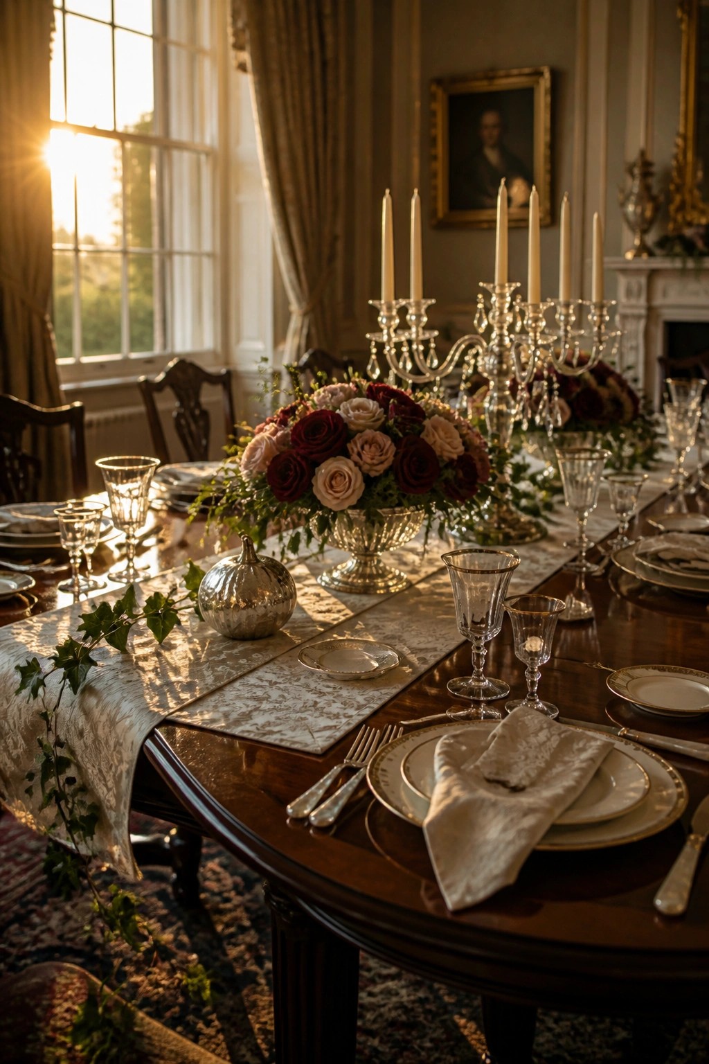 A long wooden dining table set for a formal meal with a central floral arrangement of red and blush roses, multiple silver candelabras holding tall candles, white plates, and glassware.