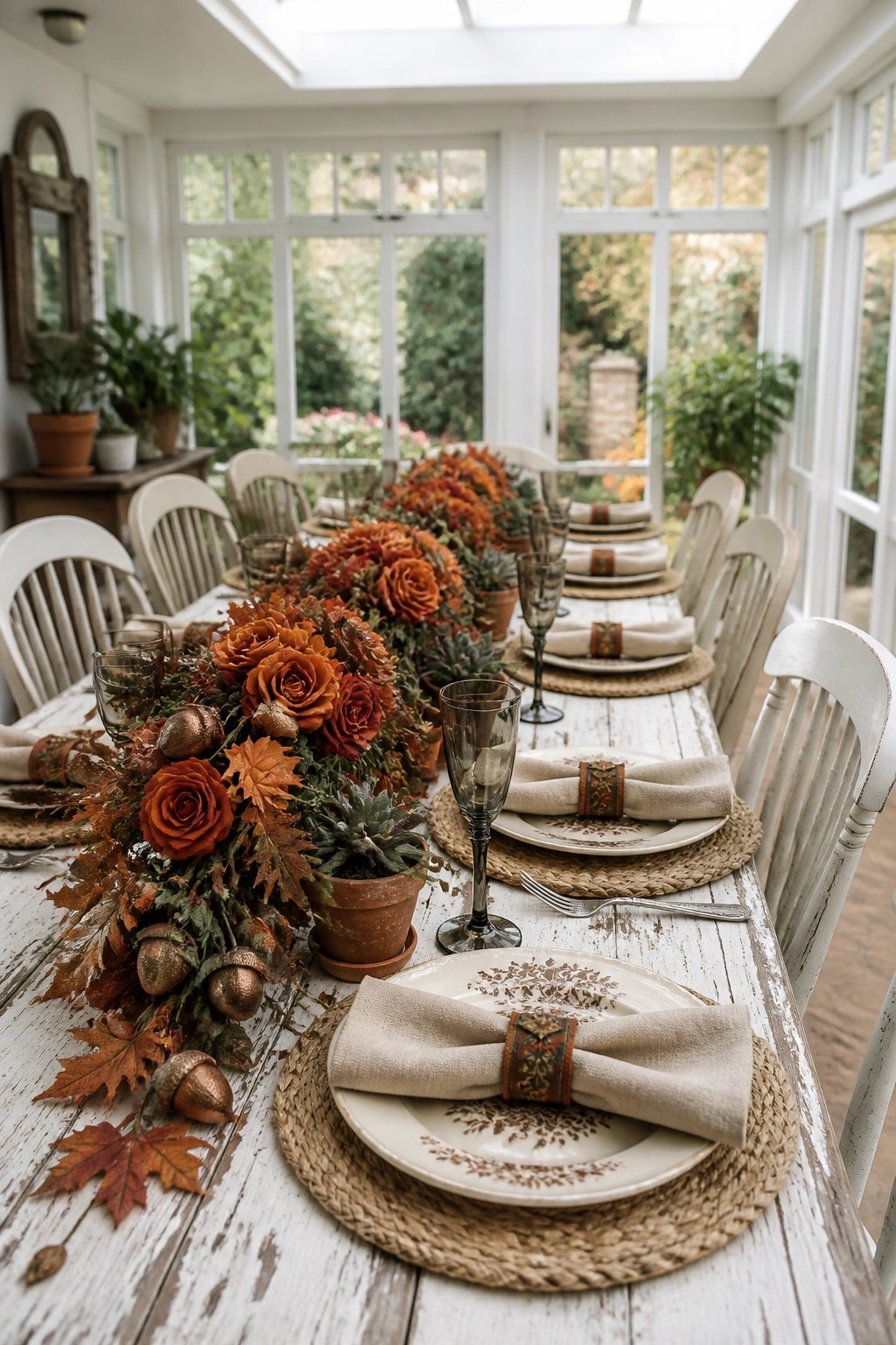 A long white wooden table set for a meal with a low centerpiece of orange roses, autumn leaves, and acorns, along with beige napkins and patterned plates in a bright room with large windows.