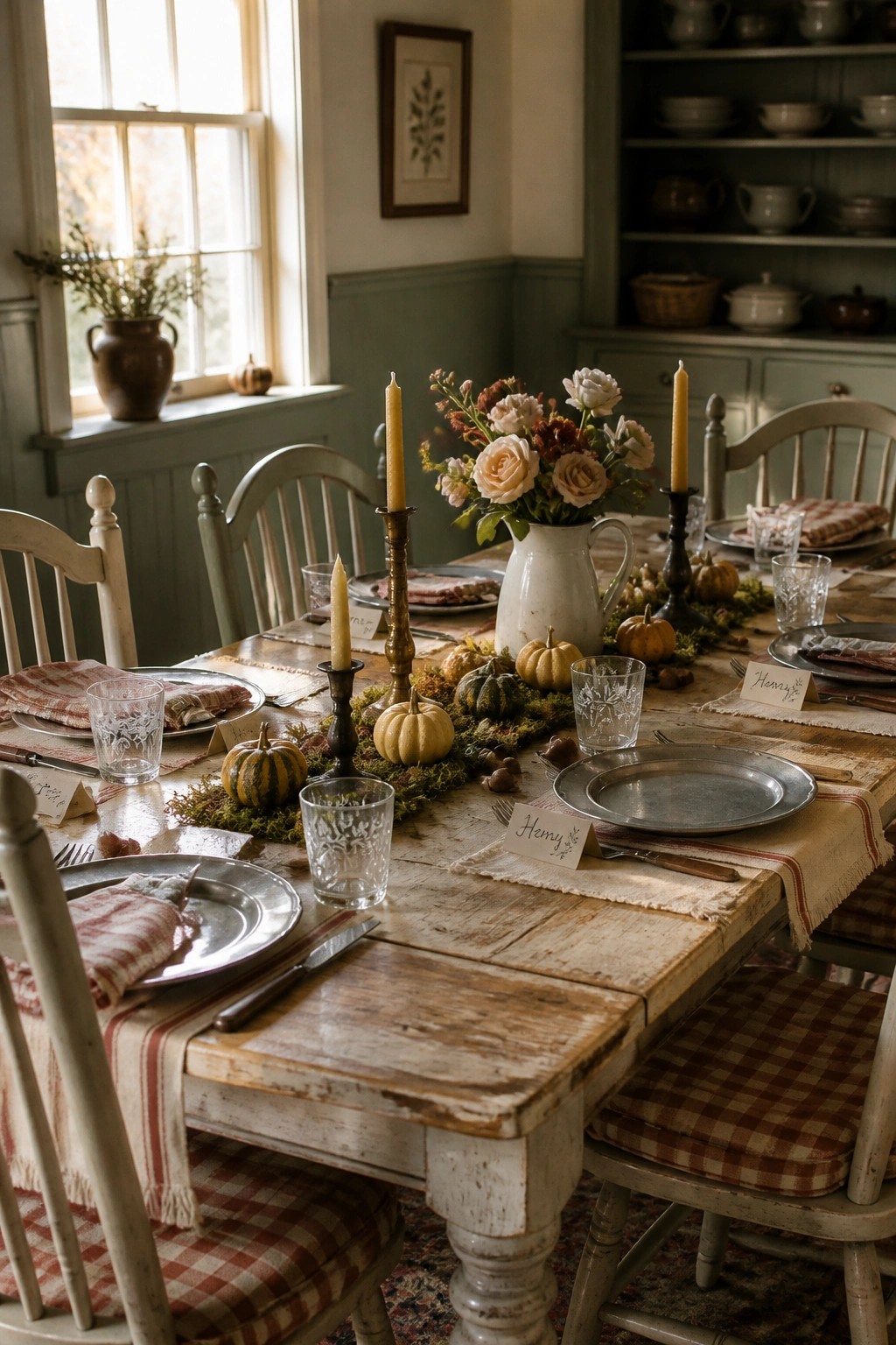A rustic wooden dining table set for a meal with metal plates, checkered chair cushions, candles, and a central moss runner holding small pumpkins, gourds, and a white pitcher of flowers.