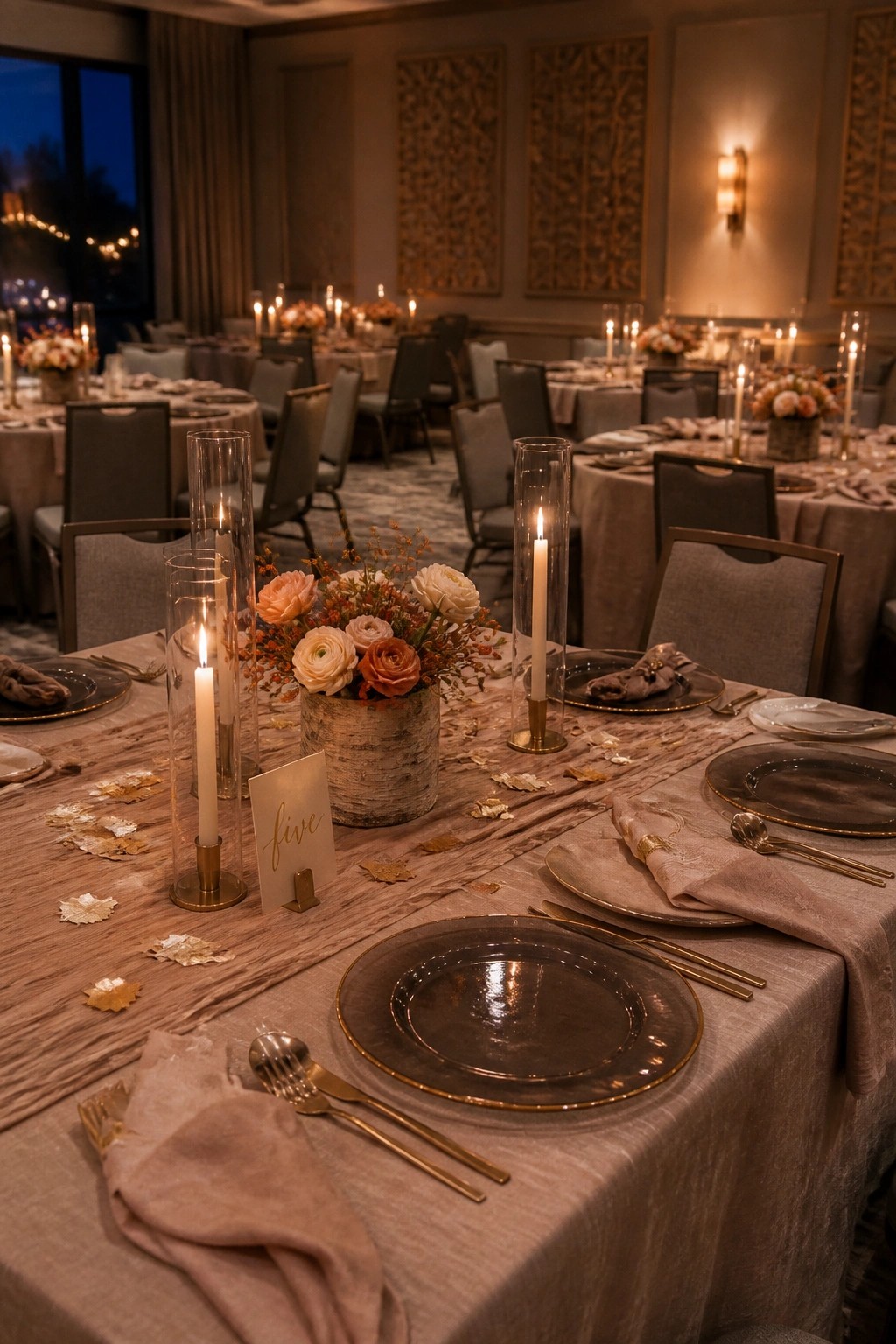 A foreground wedding reception table with dark plates, gold flatware, mauve napkins, tall glass candle holders, scattered golden leaves, and a birch wood vase holding peach and white flowers.