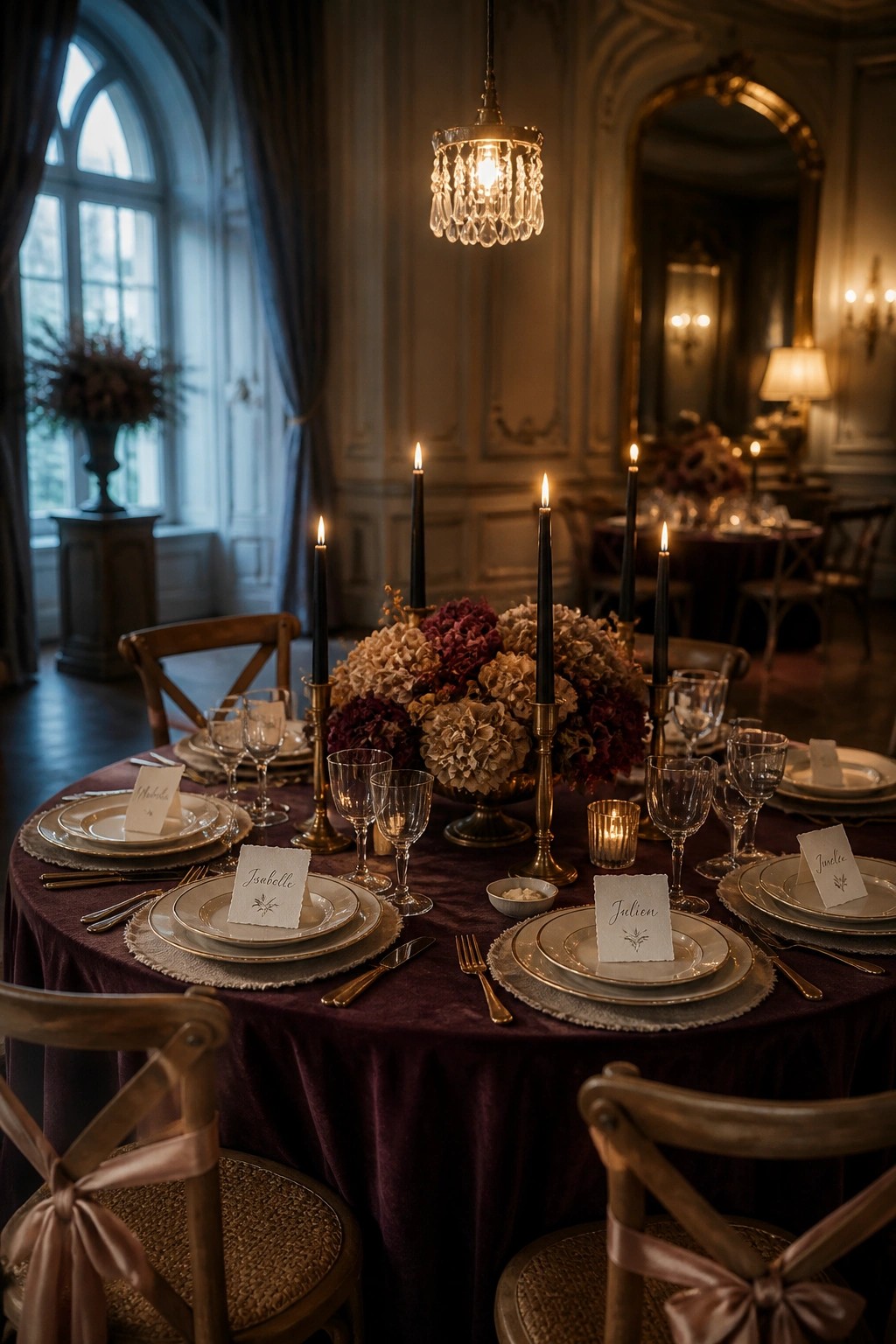 A round table covered in burgundy velvet with black taper candles, a large floral centerpiece, glassware, and handwritten place cards at each setting.