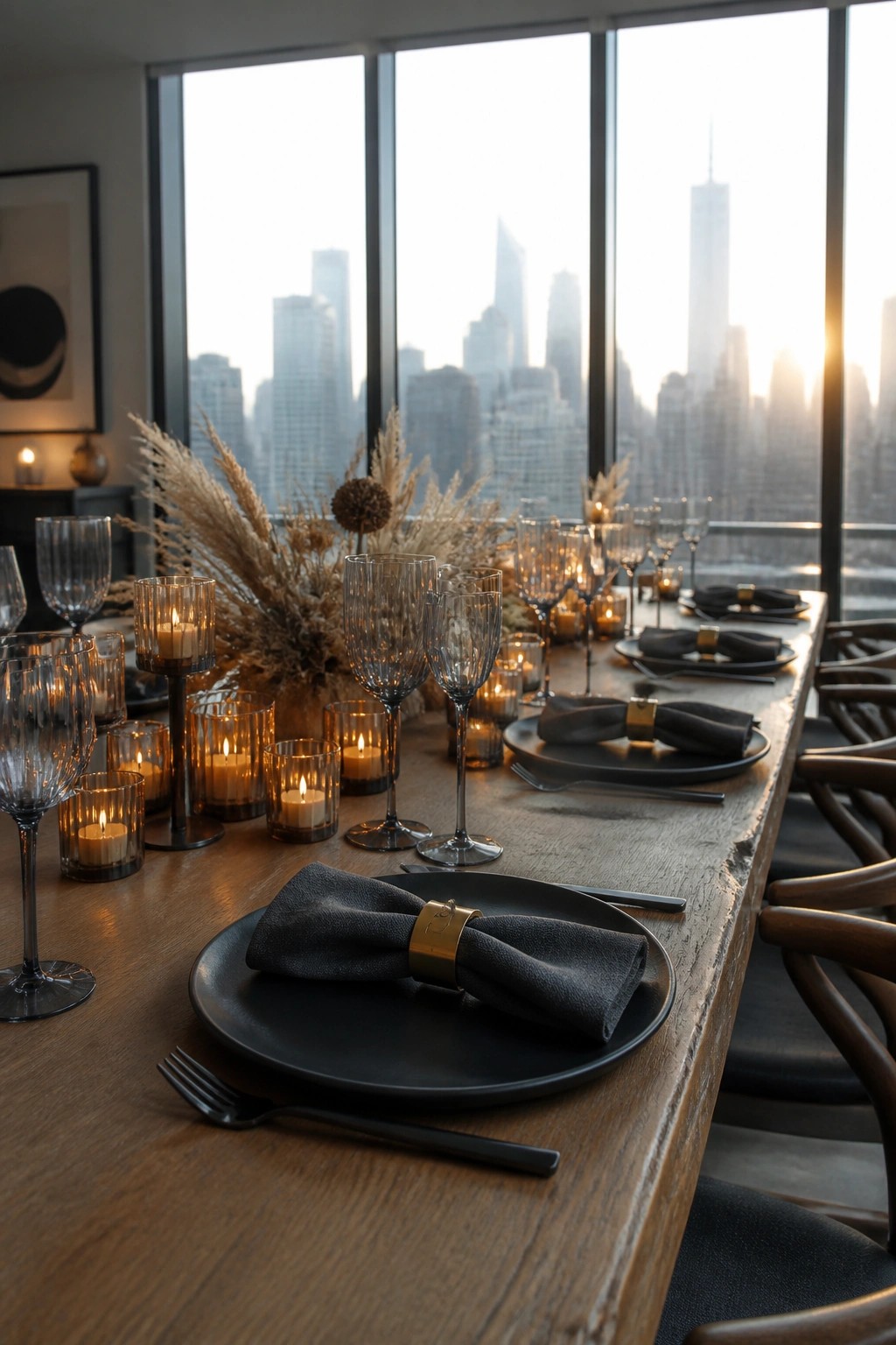 A long wooden dining table set with black plates, black napkins in gold rings, wine glasses, and clusters of lit candles in glass holders, with dried grass arrangements and a city skyline visible through large windows.