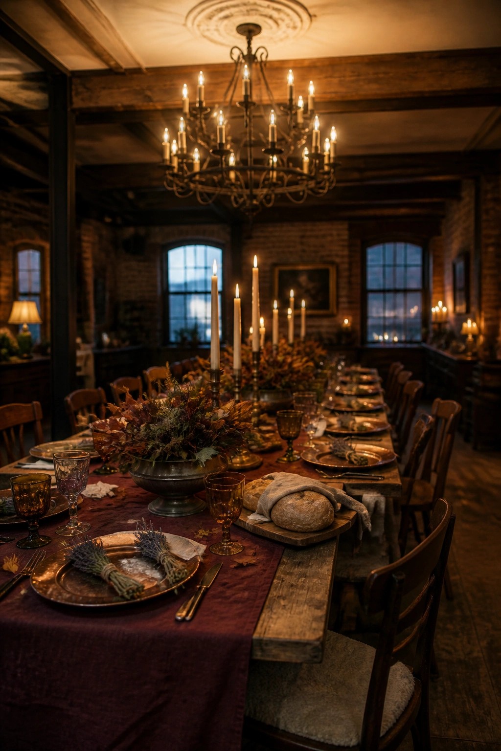 A long wooden table set with a burgundy runner, autumn foliage centerpiece, tall candles, pewter plates, and amber glassware inside a brick-walled dining room.