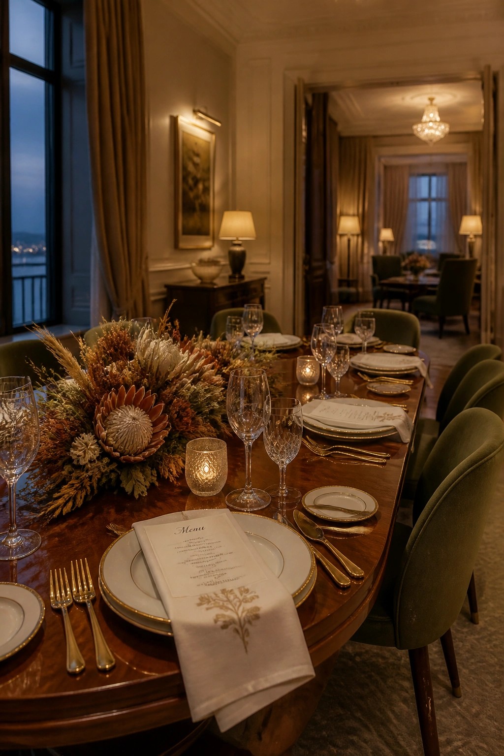 A long wooden dining table set for dinner with white plates, gold flatware, crystal glasses, menus, small candles, and a large central arrangement of dried autumn flowers and foliage in warm tones.