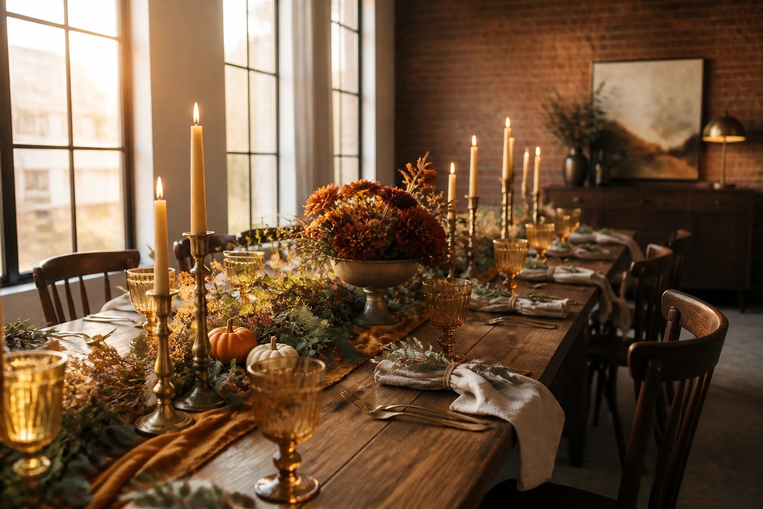 A long wooden table set for a fall event with a mustard fabric runner, small pumpkins, orange flowers, taper candles, and amber glassware.
