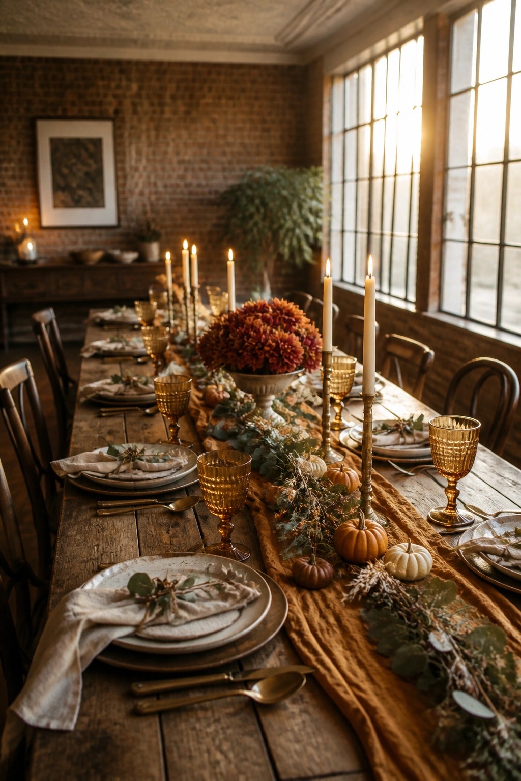 A long wooden table set for a fall event with a mustard fabric runner, small pumpkins, orange flowers, taper candles, and amber glassware.