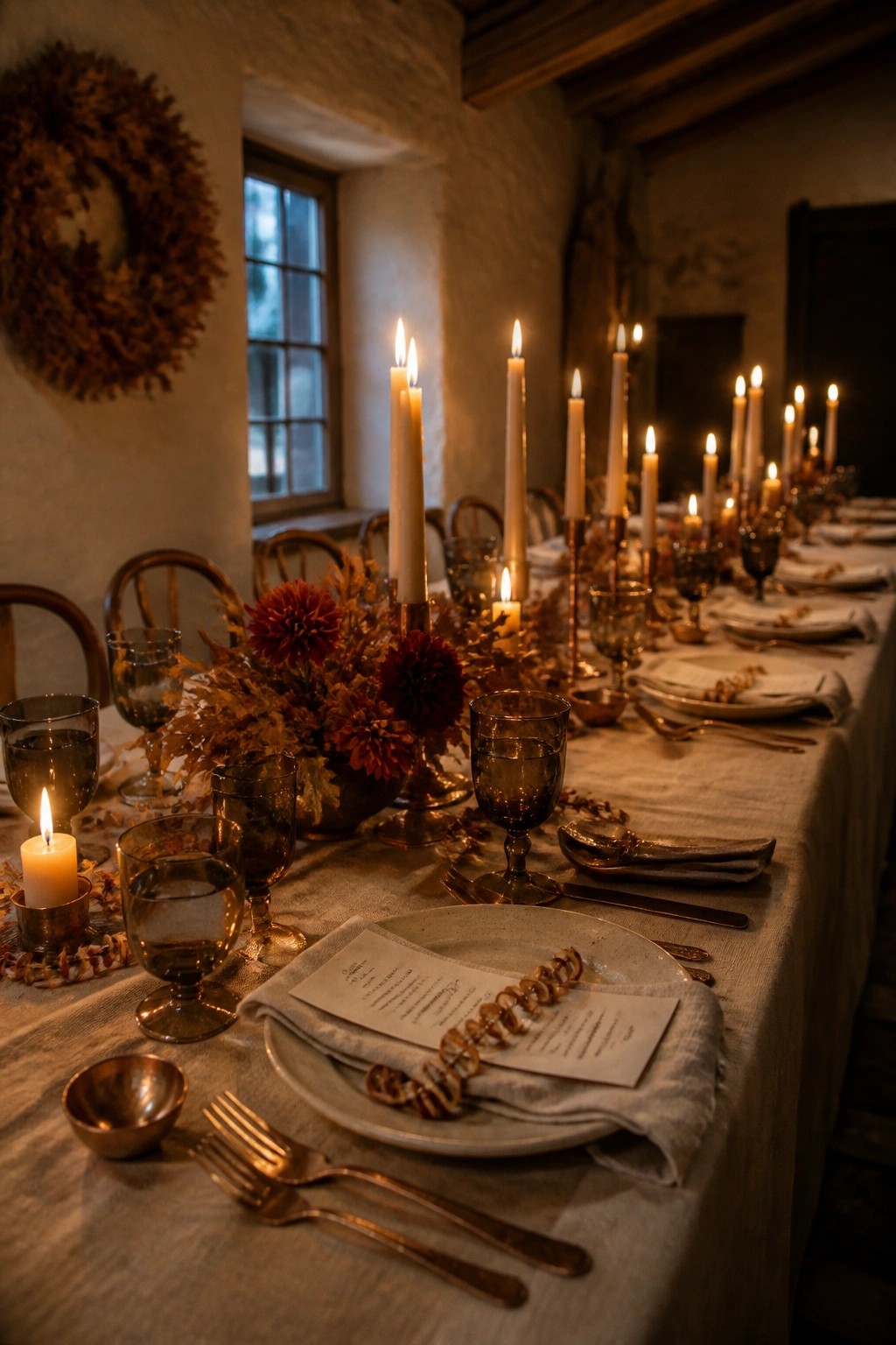 A long dining table set with white plates, dark glassware, bronze flatware, autumn floral centerpieces, and many tall white candles in a rustic room.