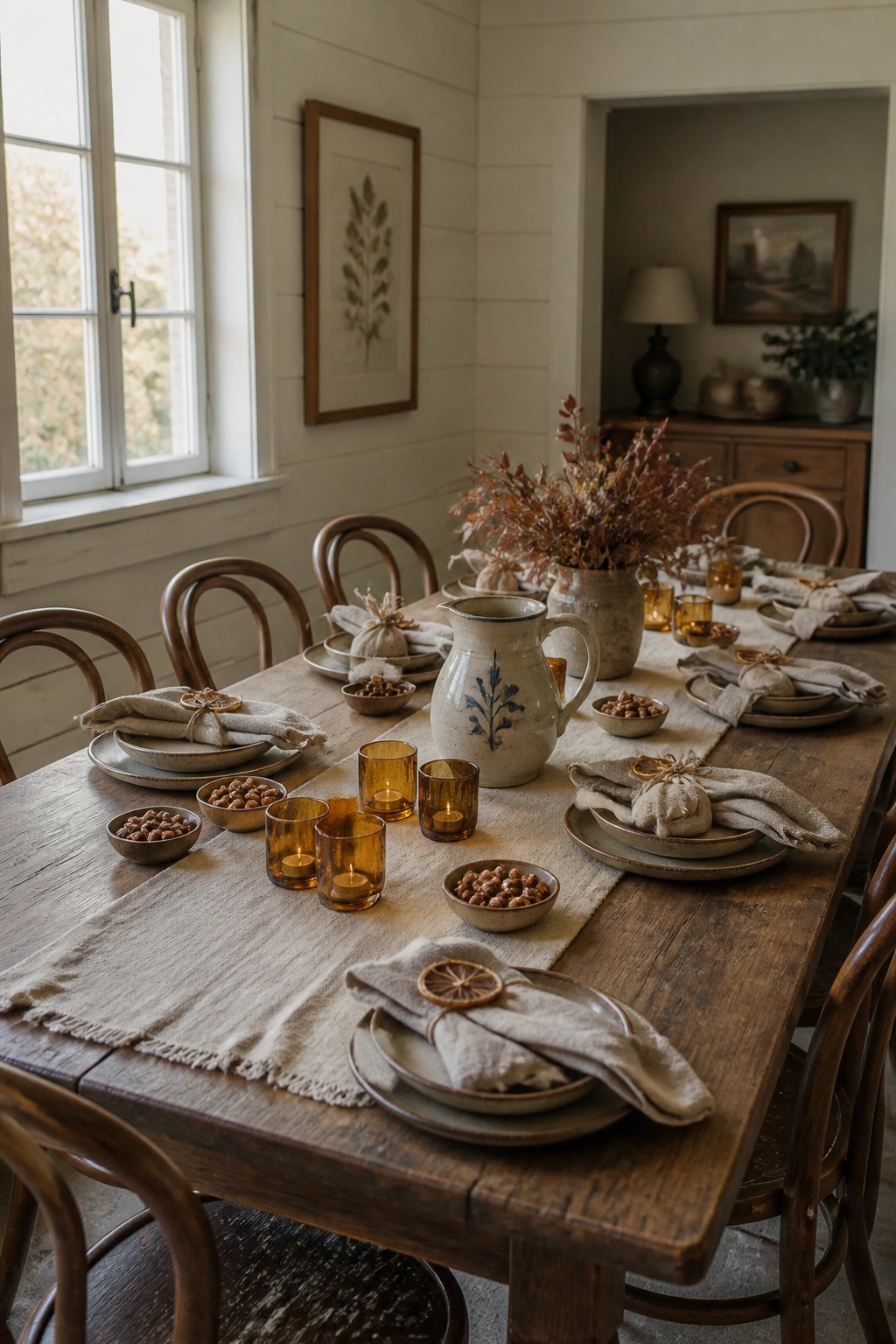 A long wooden dining table set with a beige linen runner, stacked plates, tied napkins, small bowls, and amber glass candle holders.