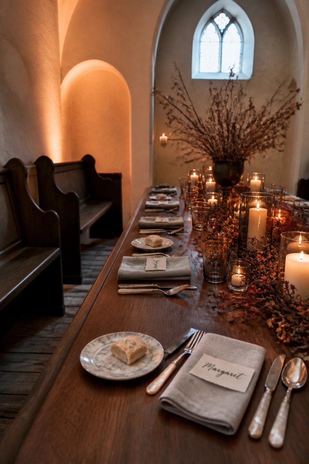 A long wooden dining table set with gray linen napkins, silverware, small plates of bread, and a central runner of autumn leaves and branches holding many lit candles.