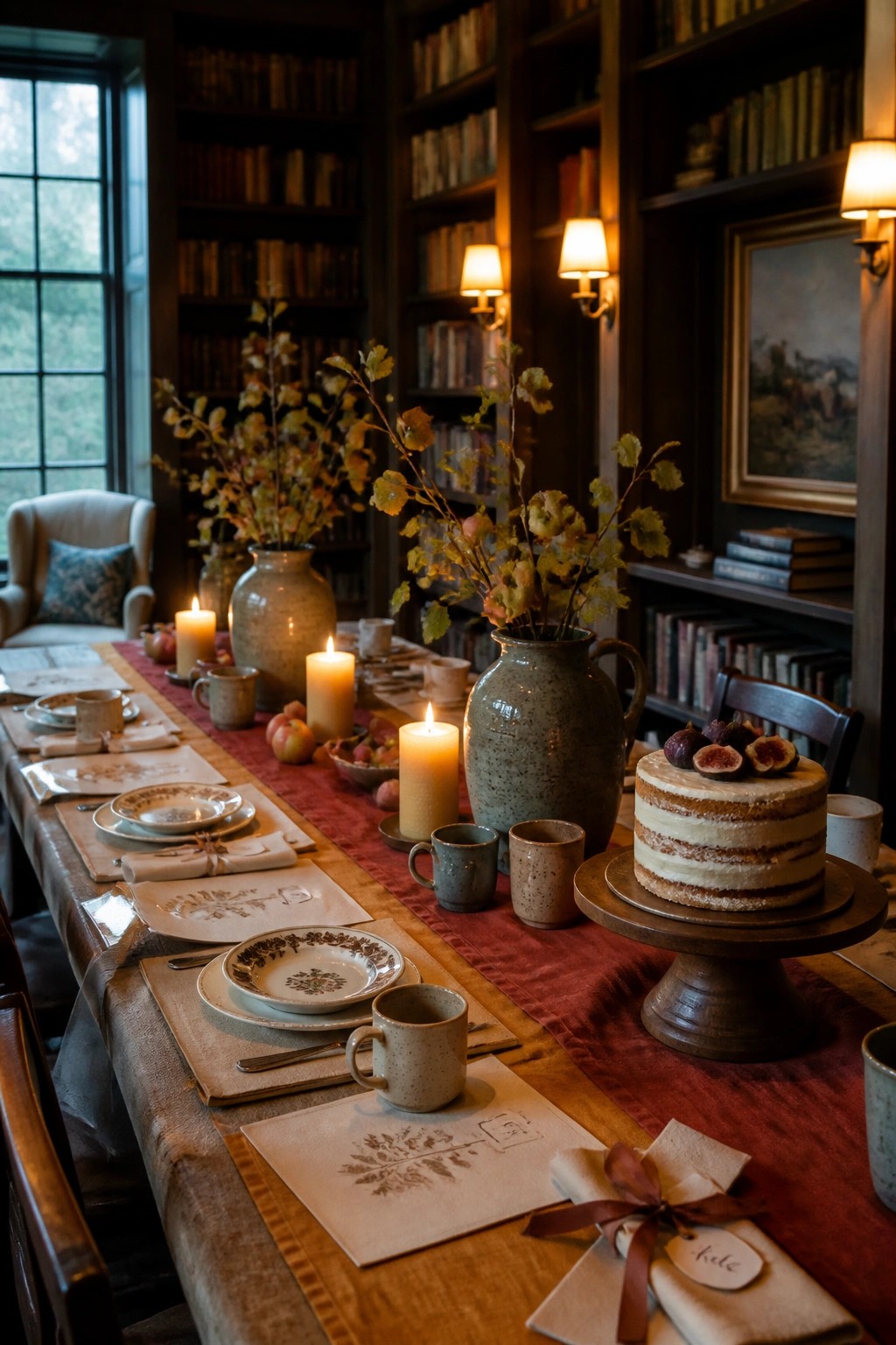 A long wooden dining table set with a red runner, stoneware dishes, ceramic mugs, lit pillar candles, and large pottery vases holding autumn branches in a book-lined room.