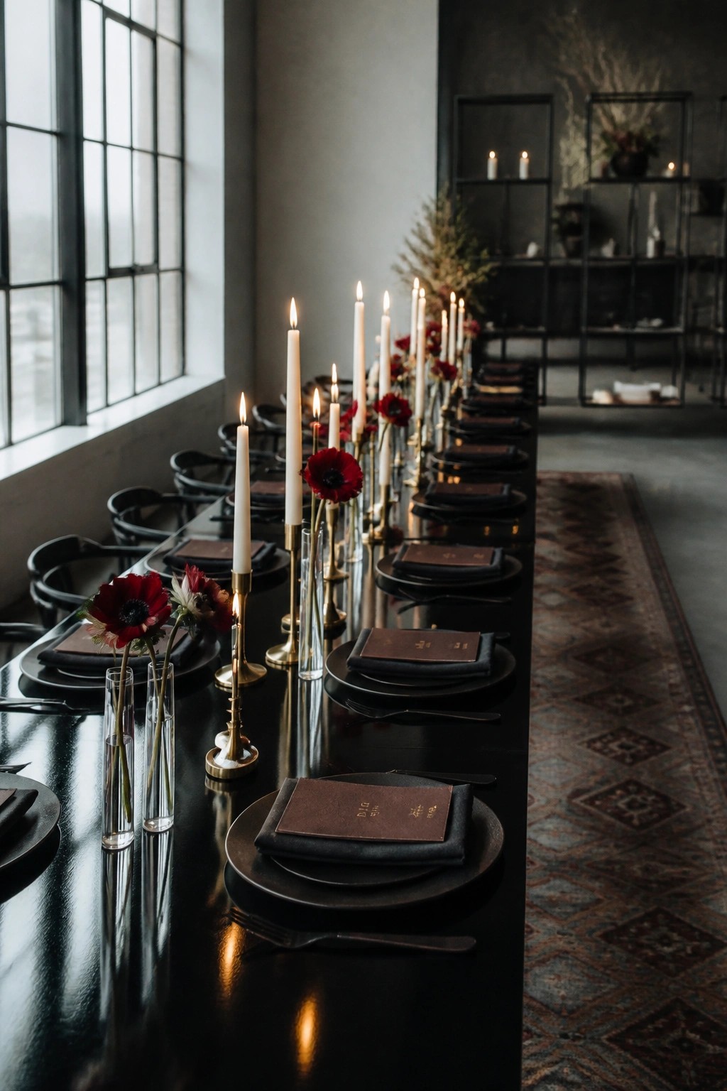 A long black table set for a formal dinner with black plates, brown menus, red anemone flowers, and multiple tall white candles in gold and glass holders.